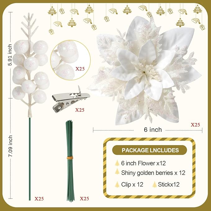 50pcs Glitter Poinsettia Christmas Ornaments, Artificial Flowers with Clips Stems for DIY Wreath Making, Holiday Home Party Decorations, Indoor Use (White)