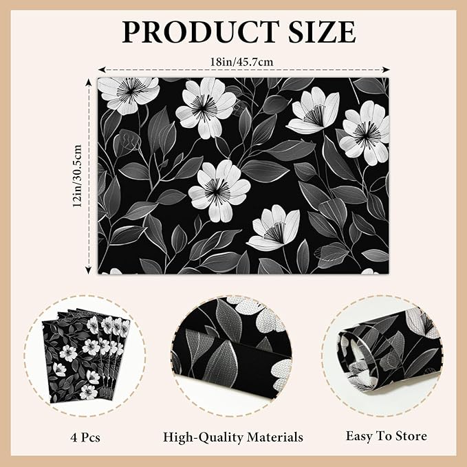 Cotton Linen Waterproof Placemats Set of 4, Floral Black Dining Mat Table Mats Decor Fabric for Kitchen Dinner Coffee Shop Table, Indoor/Outdoor Washable Wipeable Placemat -N036