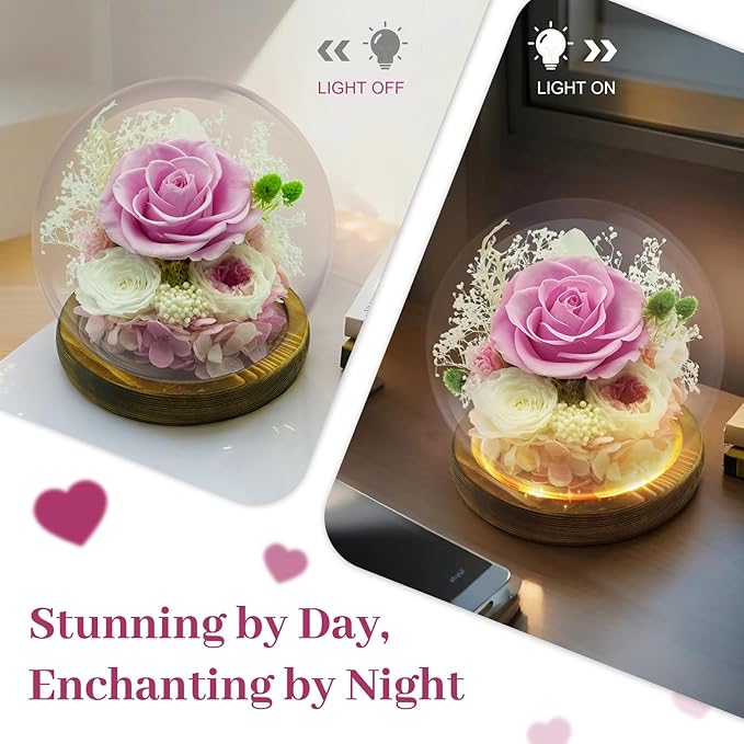 Preserved Flowers Birthday Gifts for Her Preserved Rose in Glass Dome Forever Fresh Flowers for Delivery Prime Eternal Pink Rose Gifts for Women Wife Mom Sister on Anniversary Valentines Day