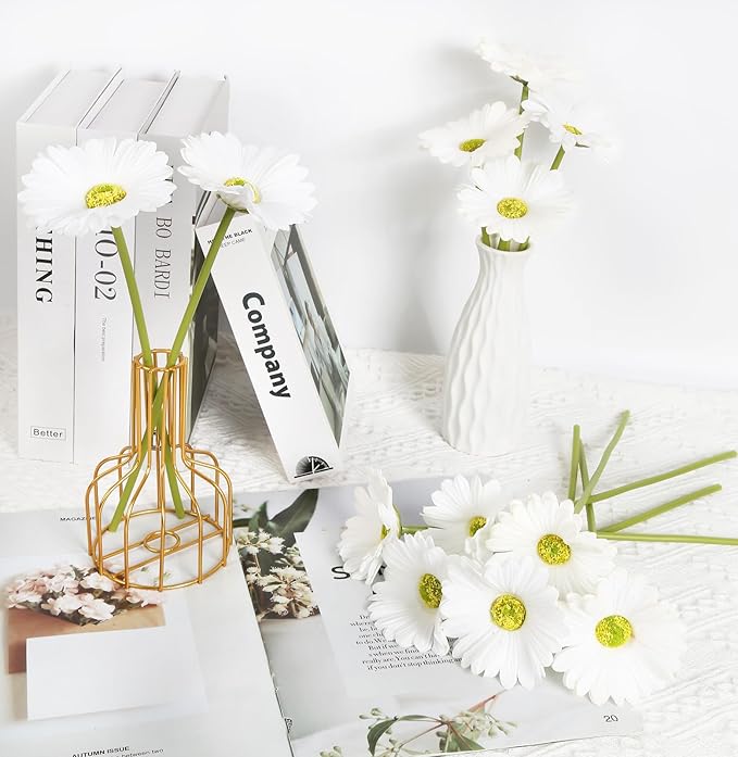 IPOPU Gerbera Daisy Artificial Flowers,20PCS White Daisy Artificial Flowers Fake Daisies for Wedding Party Office Home Decorations(White)