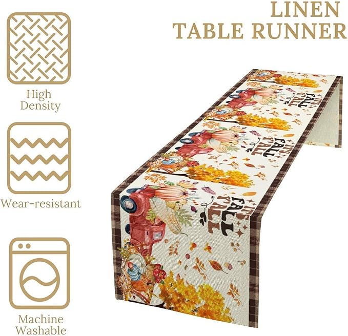 Fall Pumpkin Table Runner,Rustic Maple Yellow Leaf Trees Truncks Brown Plaid Tablecloth Burlap for Hotel Indoors Outdoor Dining Room Kitchen Home Decor,W13X L36 in