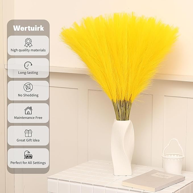 Faux Yellow Pampas Grass - 30pcs 24 Inch Short Artificial Pampas Grass Decor, Fake Pompas Floral for Vase Filler, Wedding Flower Arrangement, Party and Home Decor (Yellow, 30 Pieces)