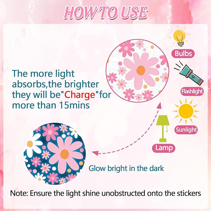Glow in The Dark Big Daisy Wall Decals，Glowing Luminous Large Cute Daisy Wall Stickers Colorful Removable self-Adhesive Pink White Flower Decals for Girls Bedroom Kids Baby Nursery Living Room Decor