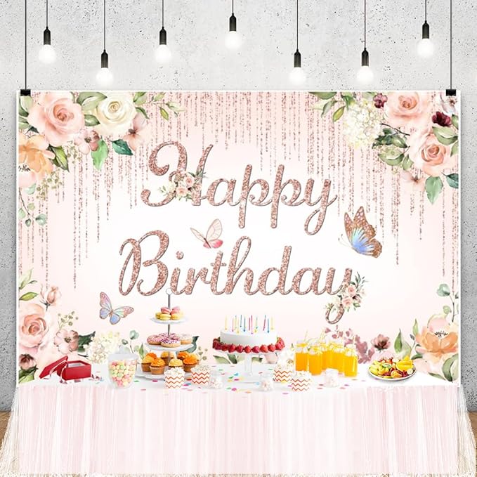 ChloropLastid 10x8ft Pink Floral Birthday Backdrop Rose Gold Glitter Flower Blossom Butterflies Happy Birthday Photography Background for Girls Princess Bday Party Decorations Banner Photo Props