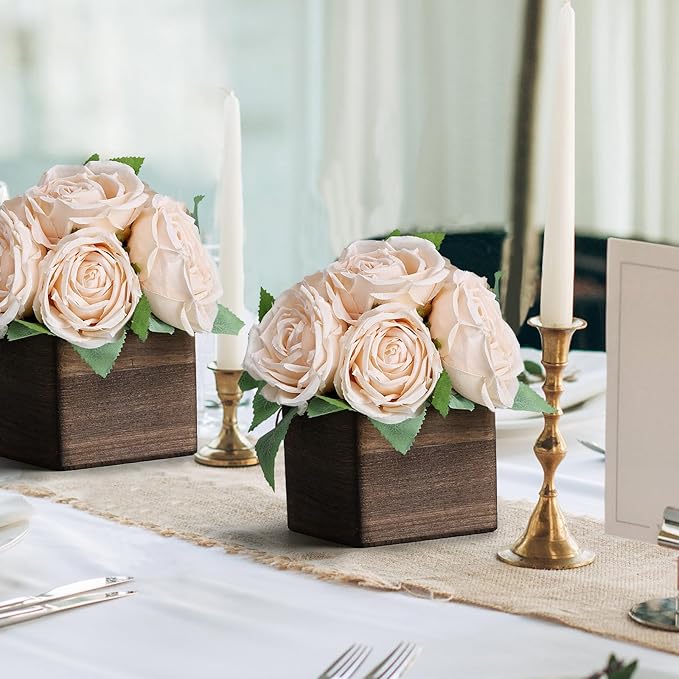 Dining Table Centerpiece Set of 3 - Pre-Made Aritifial Rose with Wooden Vase Fake Floral Arrangment Faux Flower for Wedding Bridal Tea Party Event Decorations - Champagne