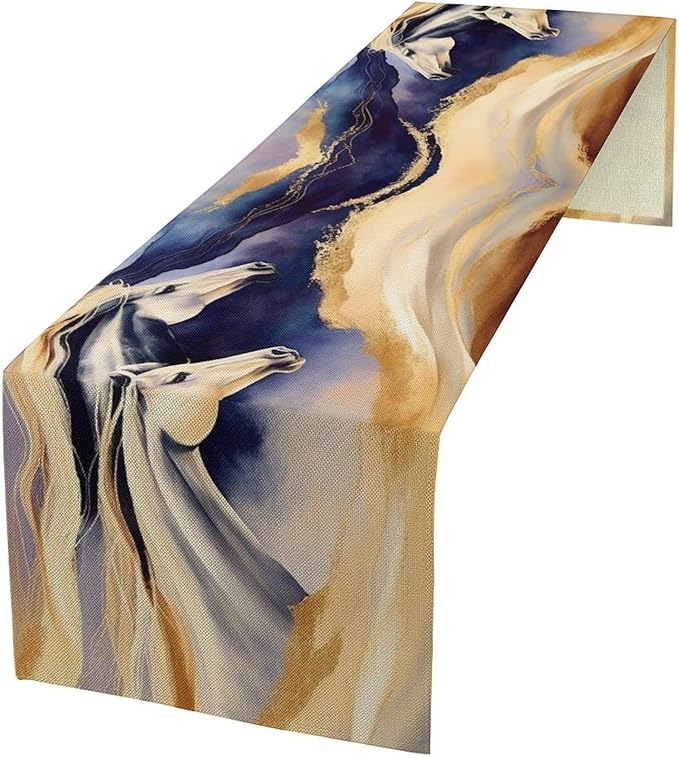 Marble Horse Table Runner, Dark Blue Gold Marble Abstract Horses Gold Natural Liquid Texture Dinner Runner Table Decoration for Home Kitchen Dining Holiday Party 13x90in