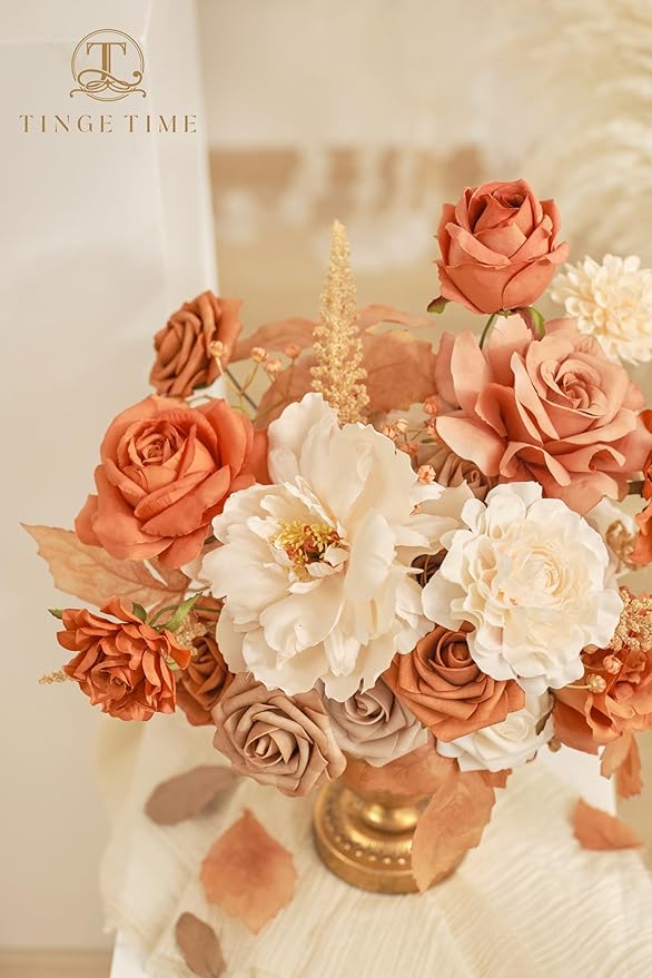 TINGE TIME Artificial Flowers Light Burnt Orange & Champagne Flower Combo for DIY Wedding Bouquets Table Centerpieces Arrangements Party Dinner Party Baby Shower Home Fall Decorations
