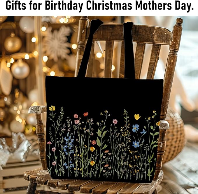 Decohim Floral Butterfly Canvas Tote Bag Boho Canvas Bag with Pocket for Work Office Women Girl Christmas Birthday Gifts