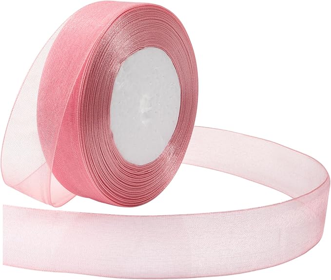 Rose Gold Ribbon for Gift Wrapping 1 inch Sheer Organza Ribbon for Flower Bouquet Tulle Thin Chiffon Ribbons for Wedding Invitations Presents Decorations Crafts 50 Yards