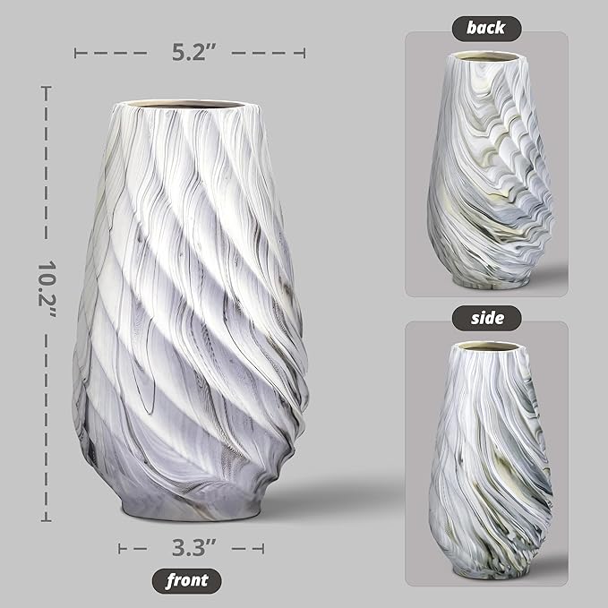 10 inch Tall Ribbed Ceramic Vase for Flowers,Boho Vases for Pampas Grass,Wood Grain Exterior vase,Simple Modern Decorative Vase for Home Decor Table Centerpieces(White)
