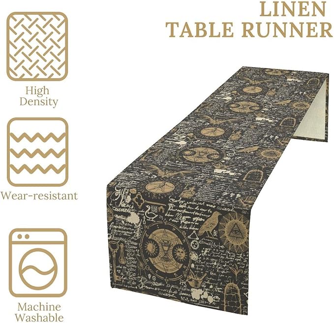 Gothic Table Runner,Black Gold Vintage Theme Print Table Runner for Home Kitchen Table Dining Garden Farmhouse Wedding Party Decor 13x36 Inch