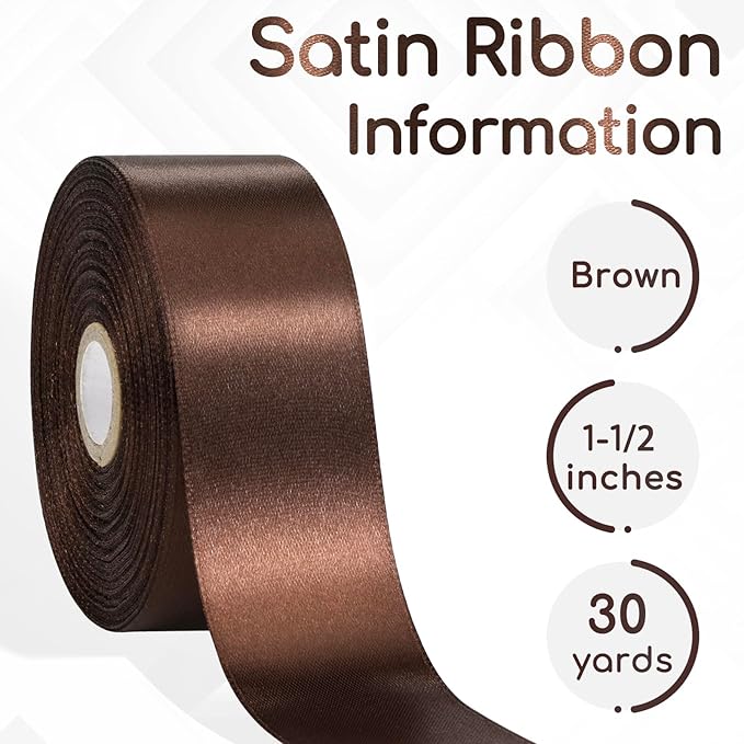 30 Yards Brown Ribbon 1-1/2 Inch, Brown Satin Ribbon for Crafts, Gift Wrapping, Flower Bouquet, Birthday Party, Christmas, Wedding, Hair and Bow Making