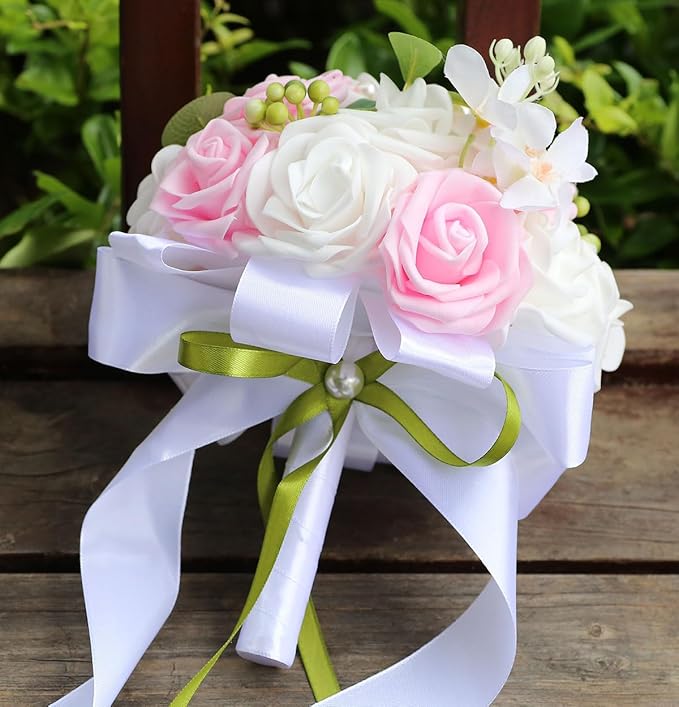 Lightweight Bridal Wedding Bouquet Round Holding Bouquet Throw Toss Artificial Rose Flower Bunch for Bride Bridesmaid Wedding Quinceanera (White & Pink, 7.9")