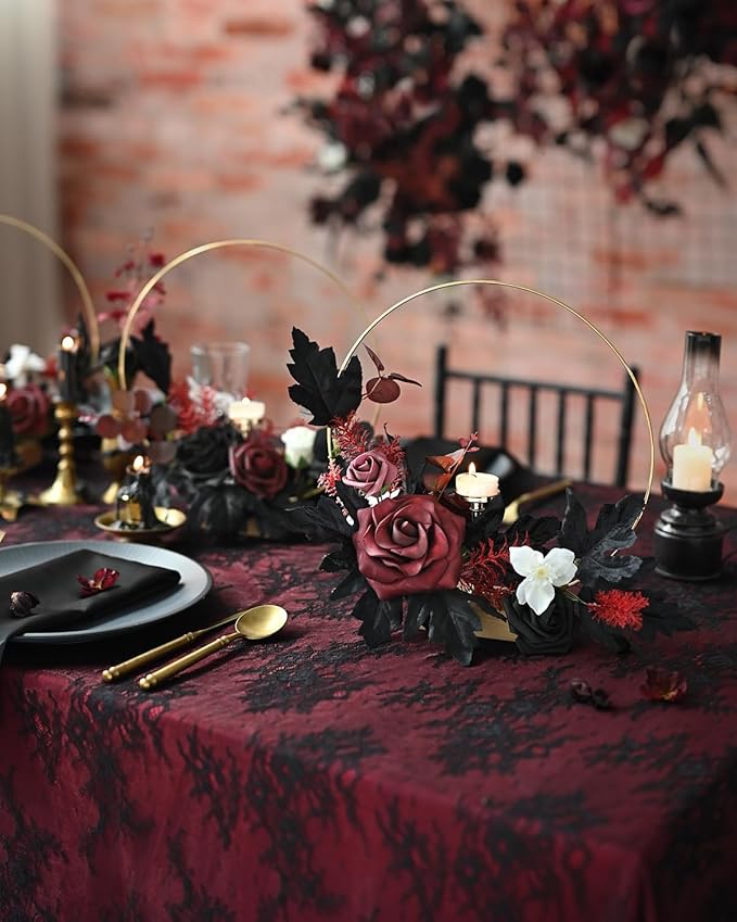 Ling's moment Fake Flowers Box, Faux Artificial Greenery Stems Foam Roses Peonies Silk Eucalyptus Leaves Fabic Flower for Centerpieces Bouquet Wedding Vase Decorations, Burgundy & Black, Deluxe Combo
