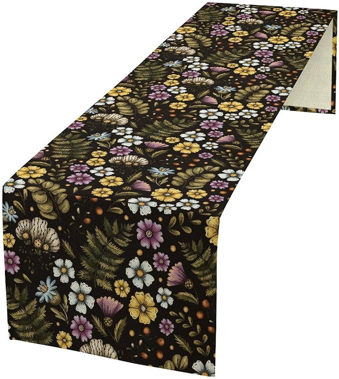 Vintage Flower Table Runner, Rustic Farmhouse Colourful Botanical Flowers Fern Print Kitchen Dining Table Decor Seasonal Home Decoration Indoor Outdoor Party, 13x90inch
