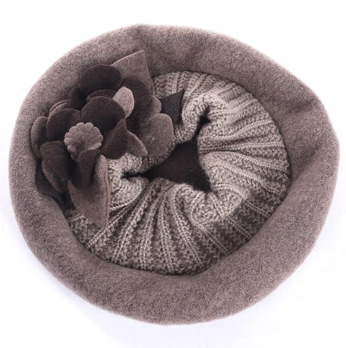 VECRY Lady French Beret 100% Wool Beret Floral Dress Beanie Winter Hat