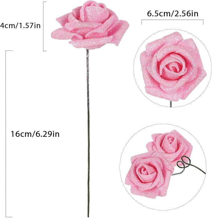 Pink Glitter Roses 30pcs Pink Roses Artificial Flowers with Glitter 2.56" Artificial Roses with Stems Fake Pink Roses for Baby Shower Decorations Flower Centerpieces for Table (Pink)
