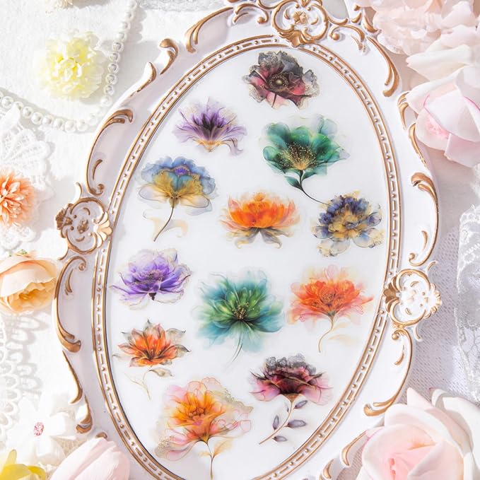 90pcs Watercolor Floral Scrapbook Stickers Set, Transparent PET Vintage Flower Stickers Decals with Smudge Effect for Journaling, Planners, Card Making, DIY Crafts and Scrapbooking