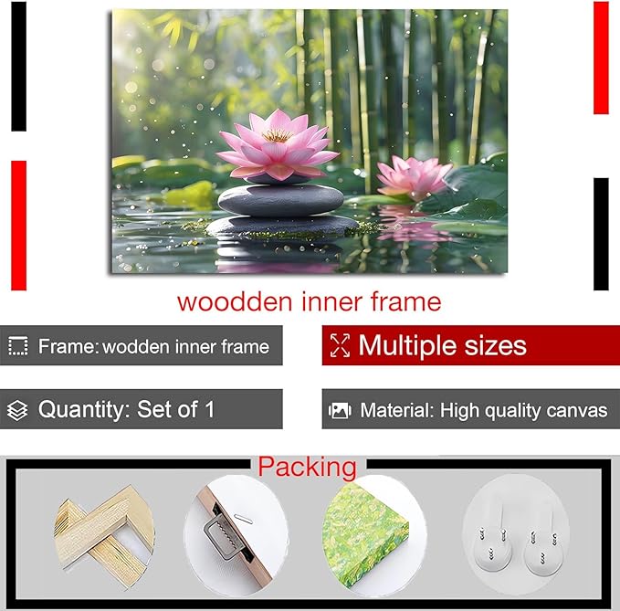 Ethereal pink lotus on obsidian Sunlit bamboo forest with sparkling water drops Poetic nature inspired wall art for tranquil homes and mindful spaces 12x18in Wood Framed