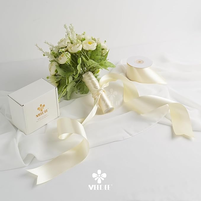 MEEDEE 2 Inch Ivory Satin Ribbon Lux Double Faced Ribbon by 25 Yards Ivory Silk Ribbons Beige Satin Ribbons for Gift Wrapping, Weddings, Flower Bouquet, Holiday Decorating