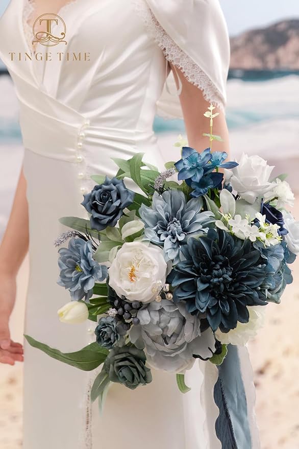 TINGE TIME 11 Inch Wedding Bouquets for Bride, Dustyblue Artificial Flowers Bouquet, Brides & Bridesmaids Bouquet for Wedding Anniversary Ceremony Bridal Shower Decorations
