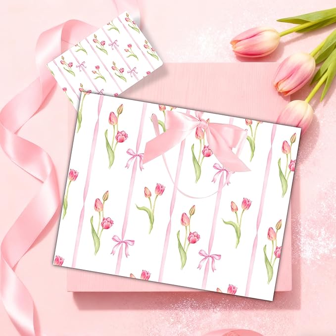 ASYEH NR 13" Large Size Pink Floral Gift Bag Tulip and Bows Pattern Gift Bag with Greeting Card Tissue Paper for Girls Women Birthday Baby Shower Wedding Mother's Day Valentine's Day Supplies
