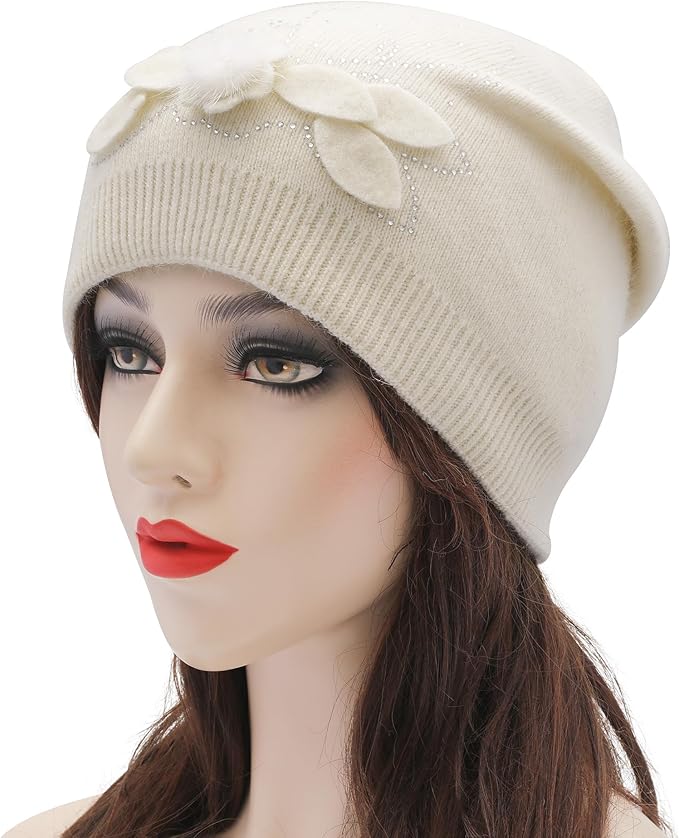 ZLYC Women Floral Slouchy Beanie Hat Double Layer Winter Knit Skull Cap