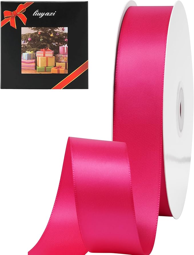 LIUYAXI Hot Pink Stain Ribbon, 1" X Continuous 50 Yards, Double Faced Fabric Ribbon Perfect for Gift Wrapping Wedding Birthday Party Chair Sash Christmas Hair Floral Craft Sewing