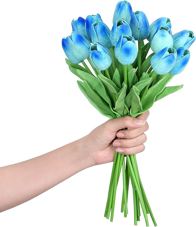 SITUMEIZI 15pcs Blue Tulips Fake Artificial Flowers Real Touch 14" Silk Flower for Home Decor Easter Spring Wedding Bouquet Decorations Mother's Gift Day Floral Arrangements(Blue#)
