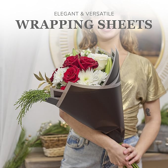 the florist Supply 20 Sheets Premium Flower Wrapping Paper | Waterproof Flower Wrapping Paper for Bouquets | Double Sided Floral Bouquet Sheets | DIY Gifts Borderline Black/Silver
