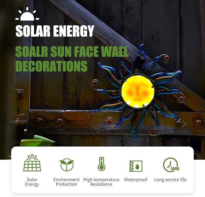 18 "Solar Sun Face Wall Art - Metal Sun Sculpture with LED Lights & Smiling Face, Outdoor Wall Hanging Decorations (Blue)