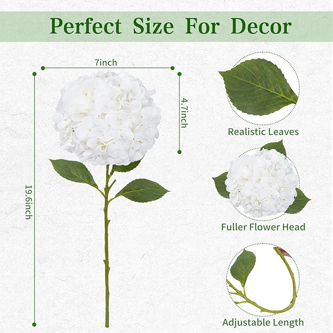 6 Pcs White Hydrangea Artificial Flowers, Latex Real Touch Hydrangea Flowers, 19.6'' Full Faux Hydrangea Flowers Fake Flowers for Home Decor Party Wedding Centerpiece Bouquet Floral Arrangements