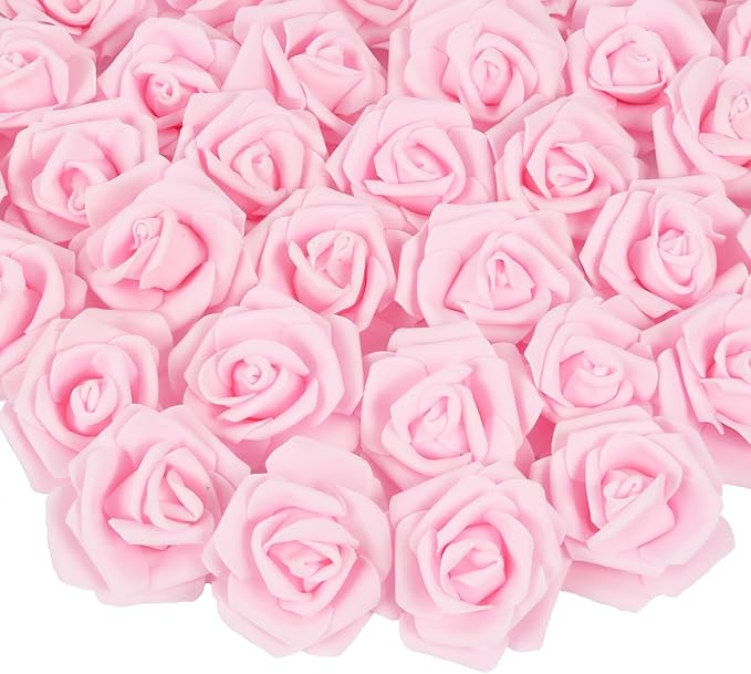 100pcs Foam Rose Artificial Flower Heads, 3-Inch Light Pink Fake Flower Heads Stemless Rose Flowers Bulk for DIY Crafts,Wedding Bouquets Party Baby Shower Home Decor (Light Pink)
