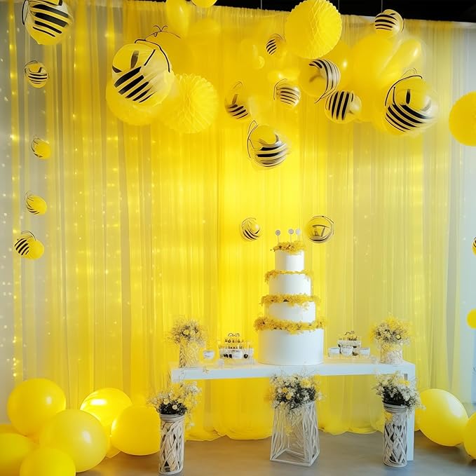 20ft x 10ft Yellow Backdrop Curtain with Lights String for Parties, Sheer Tulle Wedding Photo Backdrops Drapes for Baby Shower Birthday Party Decorations Background for Photography