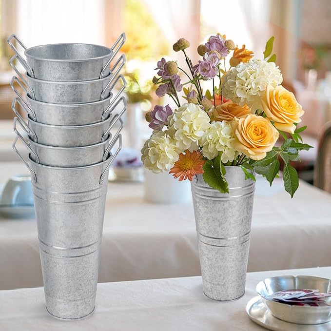 12 PCS 9 Inch Metal Flower Vase for Cut Flowers, Galvanized Metal Floral Buckets, Vintage Style Galvanized Flower Bucket for Home Décor & Wedding Centerpiece (Silver)