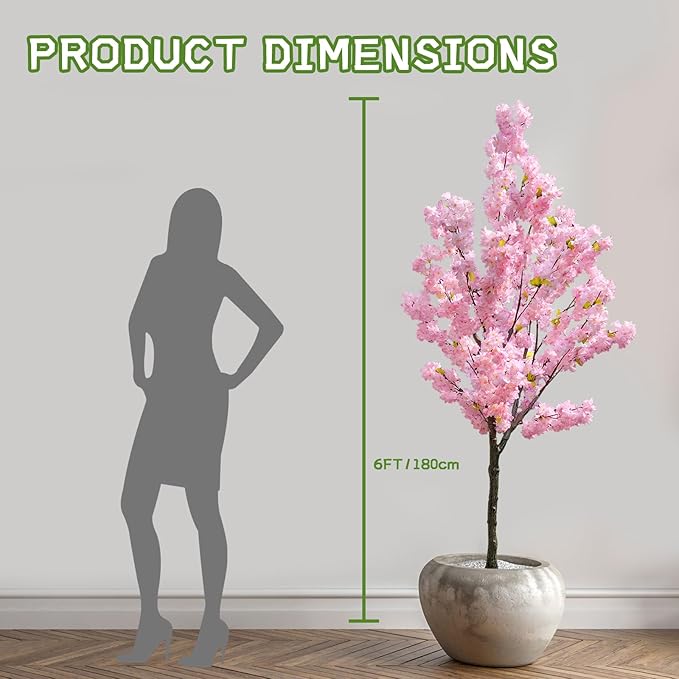 Artificial Cherry Blossom Tree - 6ft Realistic Potted Silk Pink Plant for Home Indoor Outdoor Decor, Spring Weddings