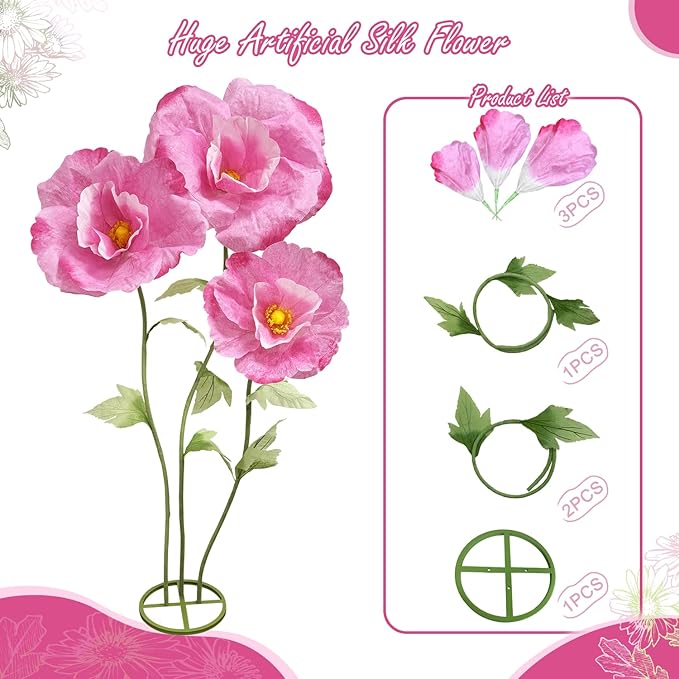 Giant Flowers Paper Flower Decoration, Large Artificial Floral Decor with Standing Base Wedding Birthday Home Party Banquet Mother's Day Backdrop Photography Props Shop Window Display, Dark Pink