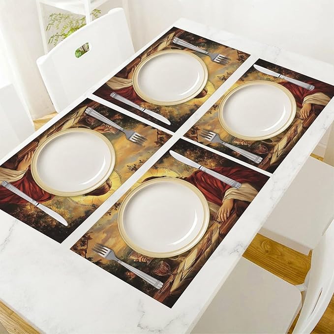Christian Jesus Placemats Set of 4 Christian Gift Religious Jesus Christ Faith Place Mat Machine Washable Place Mats for Dinner Table Mats 4 PCS
