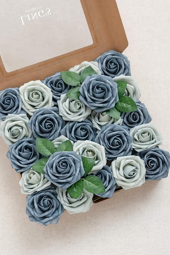 Ling's moment Artificial Flowers 50Pcs Dusty Blue & Navy Roses Decor w/Stems,3" Real Touch DIY Foam Floral for Wedding Bouquet/Centerpieces, Outdoors Party Backdrop, Room/Table, and Garden/Pot Decor