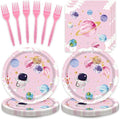 48pcs Pink Space Party Decoration Set,16 Dessert plate,16 Napkin And 16 Fork,16 persons Disposable tableware,Used Galaxy Space Planet Astronauts Birthday Party Supplies (Multicolor 18)