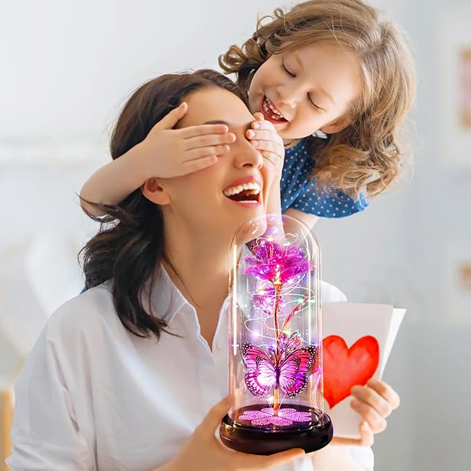 Christmas Rose Gifts for Women Birthday Gift Rechargeable Galaxy Glass Rose Light Up Roses In Glass Dome Forever Crystal Flowers Butterfly Xmas Gifts for Women Wife Grandma Her Sister Friends Pink