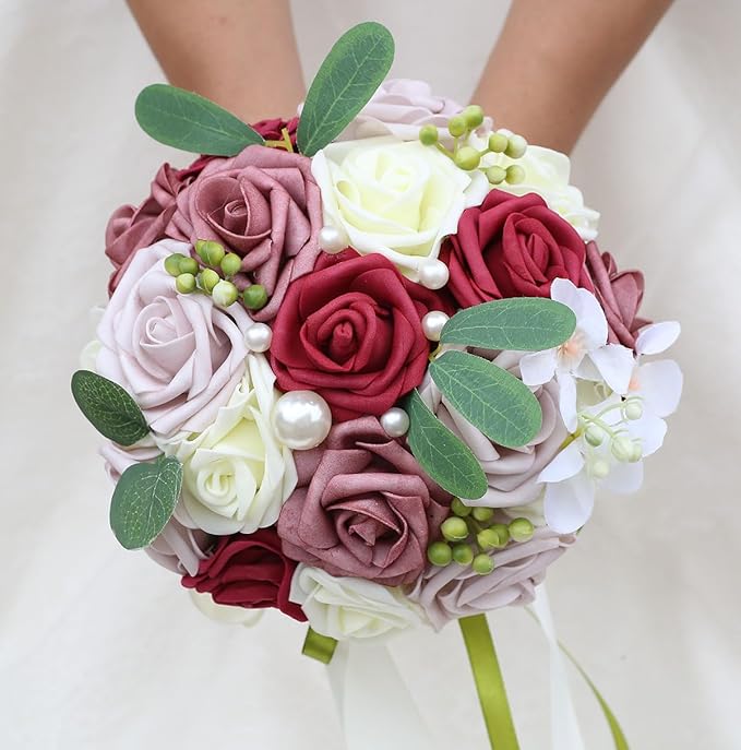Lightweight Bridal Wedding Bouquet Round Holding Bouquet Throw Toss Artificial Rose Flower Bunch for Bride Bridesmaid Wedding Quinceanera (Cream, Smoky Rose, Light Taro & Burgundy, 9.1")