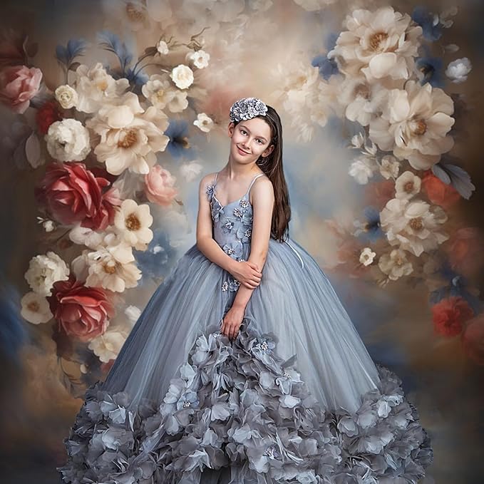 Mocsicka Abstract Floral Backdrop for Photography Retro Blue and Brown Spring Watercolor Painting Floral Background Newborn Baby Shower Princess Girls Portrait Decoration Backdrop (8x6ft)