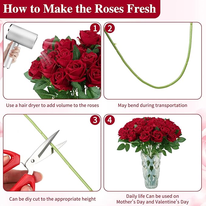 80 Pcs Roses Artificial Flowers, Silk Crimson Burgundy Artificial Flowers Petals Long Stem Roses for Wedding Bouquet Home Party Decor