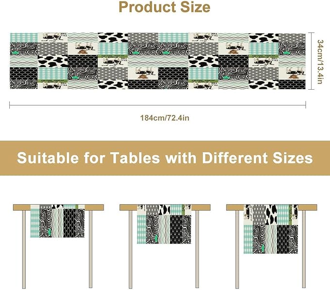 Cute Cow Print Table Runner,Farm Animals Honeycomb Plaid Stripes Cowhide Pattern Tablecloth Burlap for Hotel Indoors Outdoor Dining Room Kitchen Table Decor, 13x80in