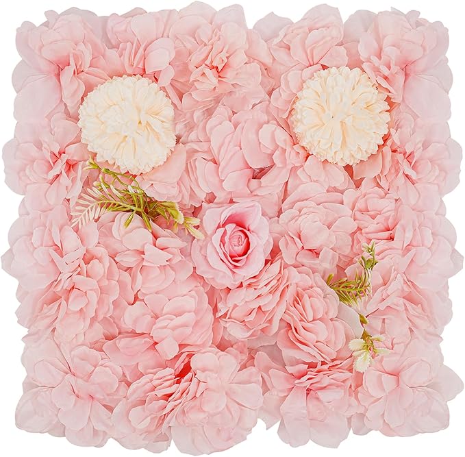 12Pcs Artificial Flower Wall Panel 3D Floral Backdrop Walls 15" X 15" Flower Wall Decor Flower Backdrop Faux Flowers Panel for Party Home Background Decor, Pink/Champagne
