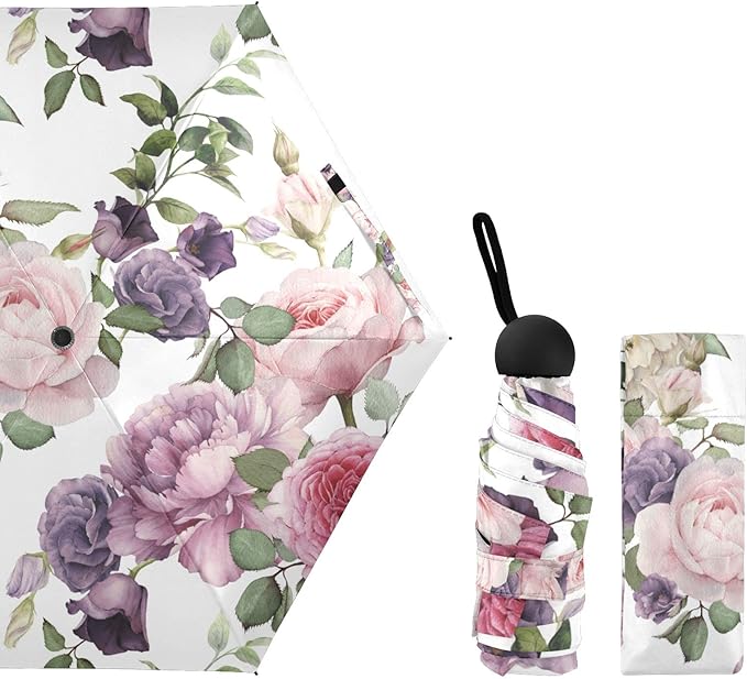 MRMIAN ALAZA Pink & Red Rose Flowers Purple Roses Folding Umbrella for Rain Sun Travel Mini Lightweight Compact Umbrellas