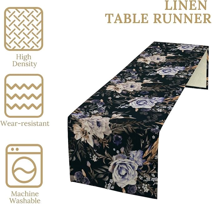 Dark Botanical Table Runner, Gothic Vintage Purple Garden Flowers Herbs Print Print Table Cover for Kitchen Dining Home Decor Wreath Party Decoration, 13x60inch