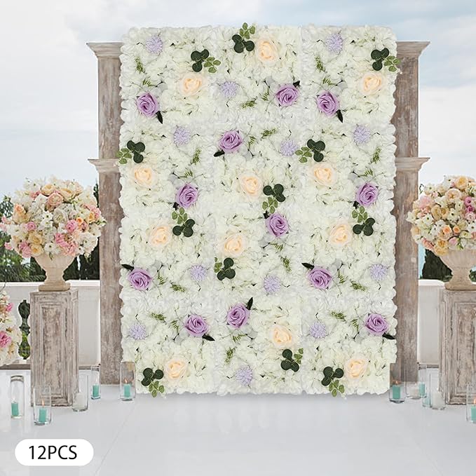 DouSeiAi 12Pcs Artificial Flower Wall Panel 3D Floral Backdrop Wall 15" X 15" Flower Walls Decor Flower Backdrop Faux Flowers Panel for Wedding Party Home Decoration, White/Purple