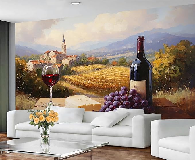 KIREUPA Tuscany Vineyard Wall Mural, Countryside Winery Scene 3d Wall Murals, Italian Rural Landscape Wallpaper Mural, for Living Room Bedroom Large Wallpaper Indoor Decor 78.7" W x55.1 H